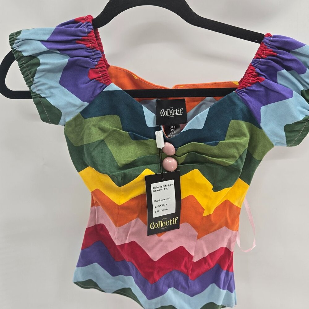 Collectif London Dolores Rainbow Chevron Side Zipper Buttons Cotton Top Size 0